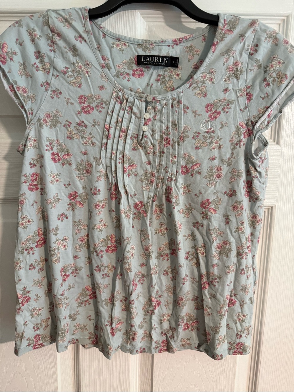 Ralph Lauren Light Blue Floral Pintuck Short Sleeve Tee